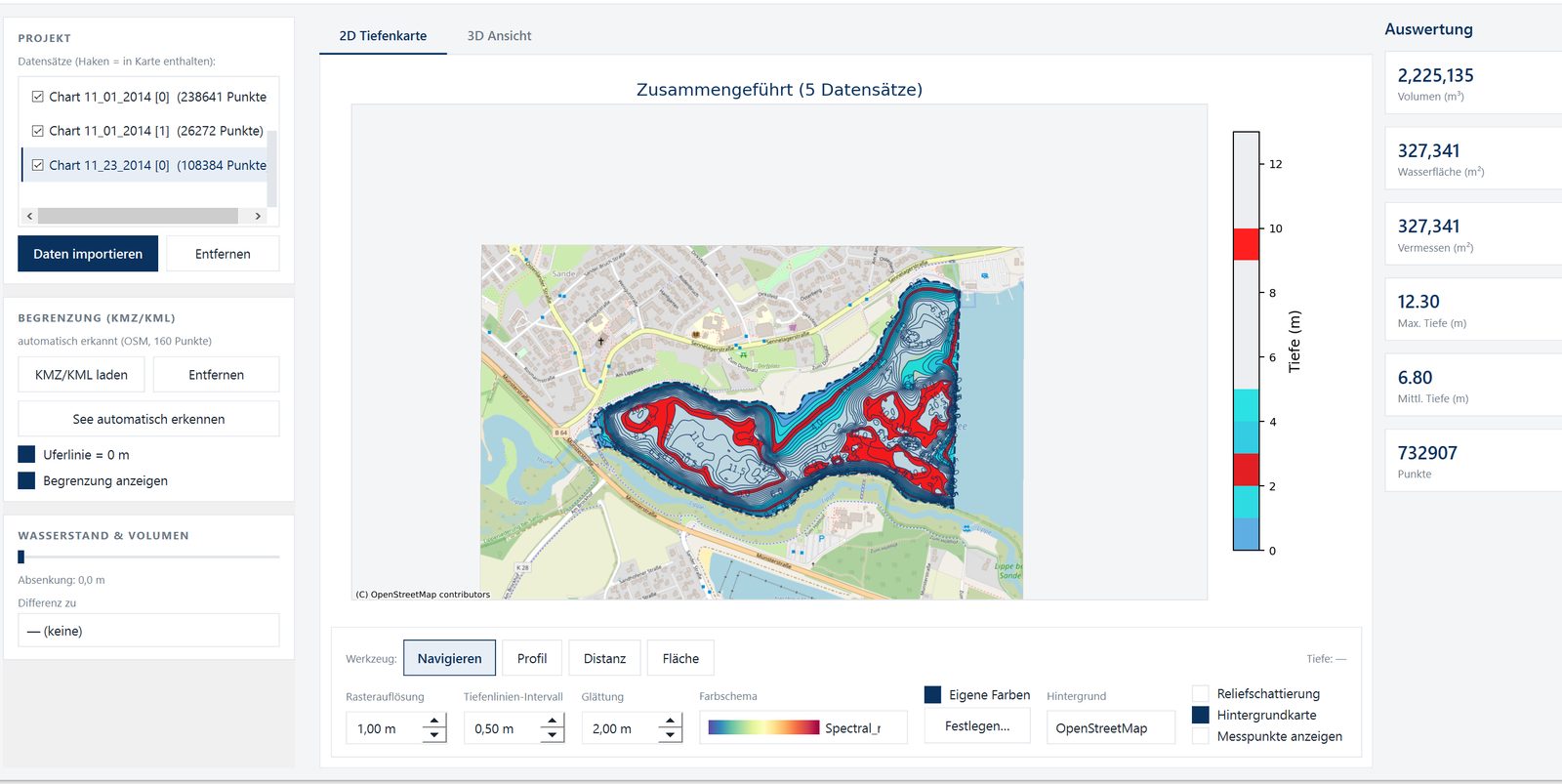 PulseMapper Bildschirmfoto: Tiefenkarte eines Baggersees